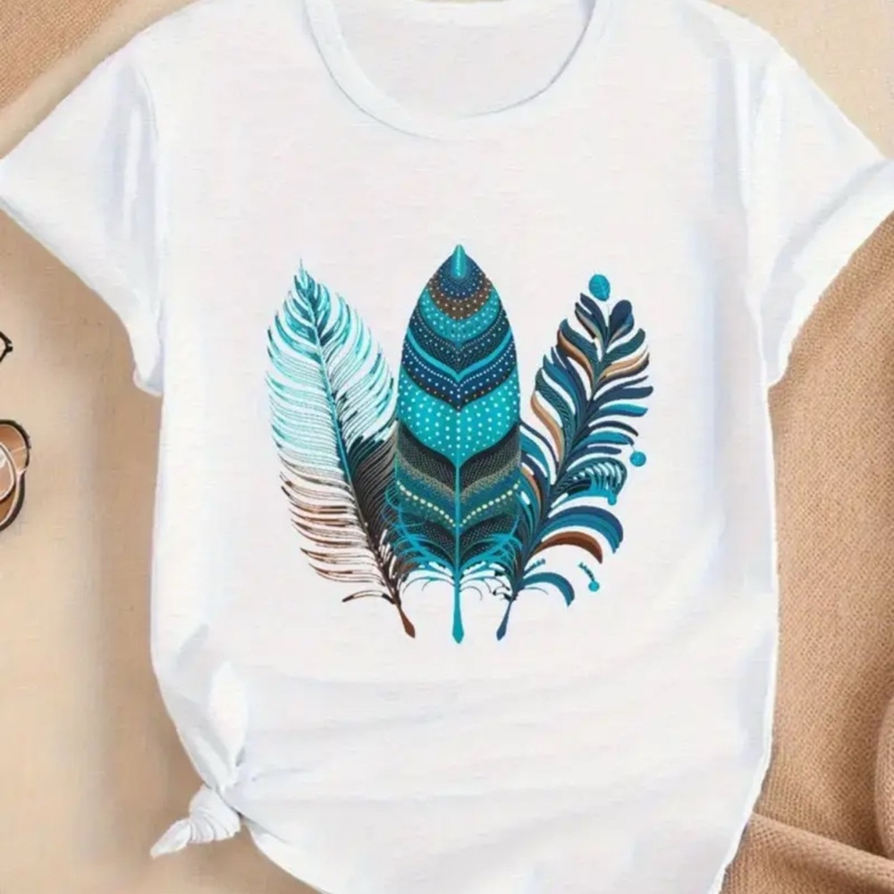 Feathers Graphic Tee Shirt White Blue and Green Plus Size XL Cotton Unisex